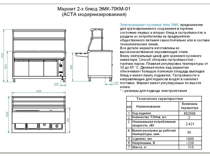 Характеристики мармита вторых блюд ЭМК-70КМ-01